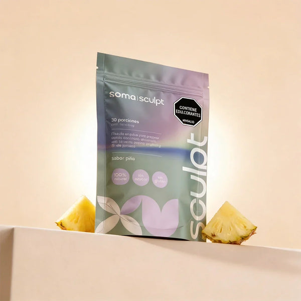 Soma Sculpt sabor piña, 30 porciones, sin azúcar ni gluten, con edulcorantes, acompañado de trozos de piña fresca