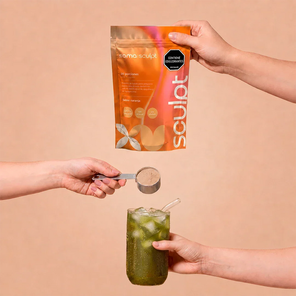 Soma Sculpt sabor naranja, sin azúcar, sin gluten, preparado con polvo y bebida verde