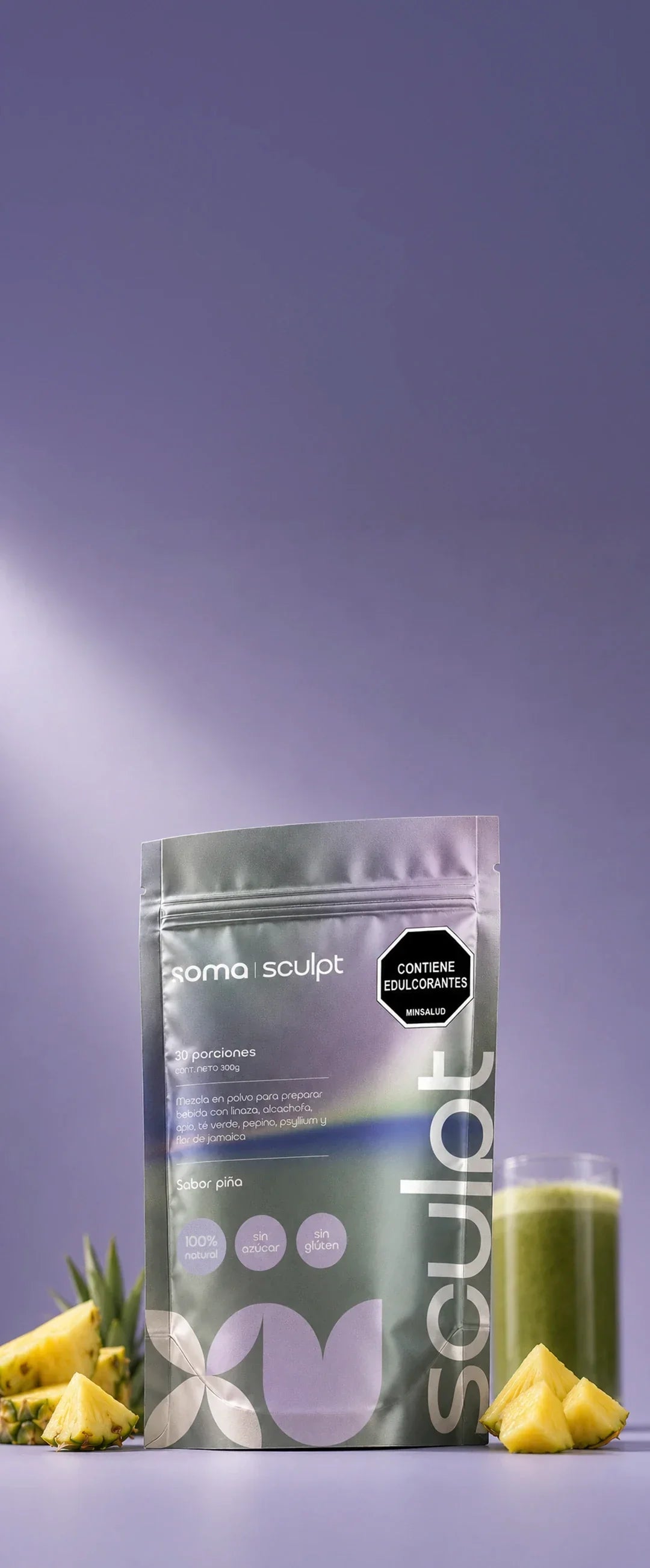 SOMA Sculpt sabor piña, bebida funcional con fibra, sin azúcar ni gluten, ideal para bienestar digestivo y saciedad en tu rutina diaria.