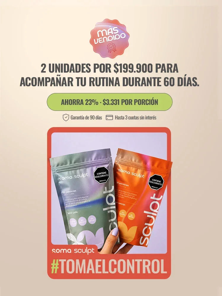 SOMA Sculpt sabor piña y naranja, 2 unidades para 60 días de rutina diaria. Bebida funcional con fibra, promoción ahorra 23%.