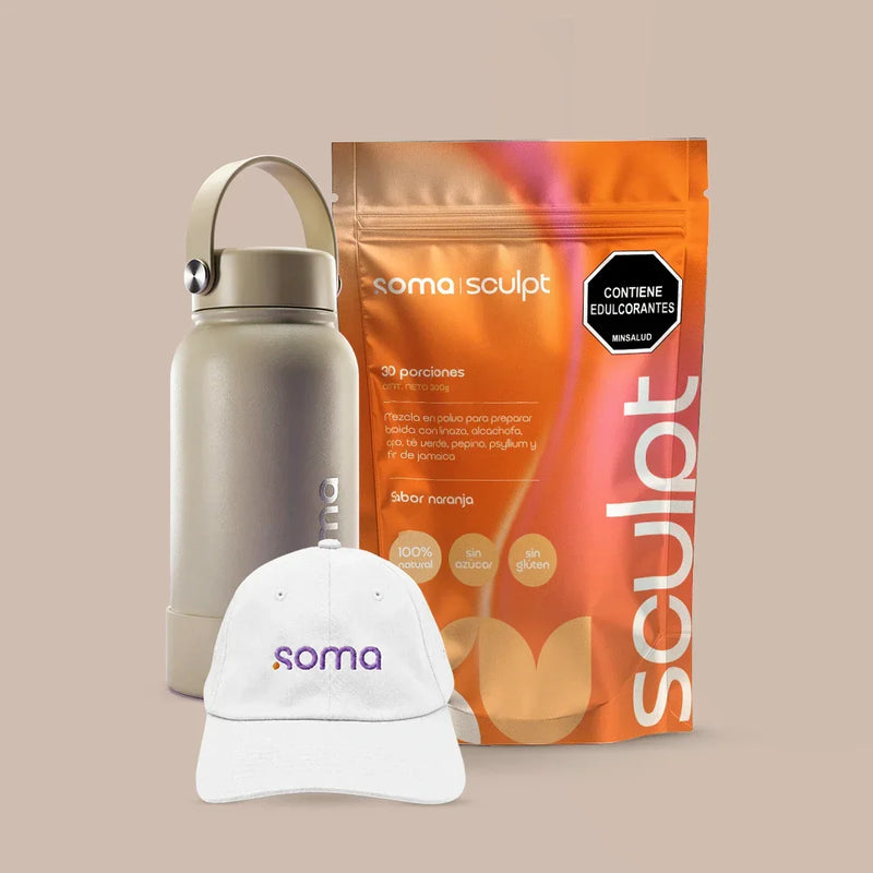 Soma Sculpt sabor naranja, botella termo y gorra blanca, suplemento natural sin azúcar ni gluten