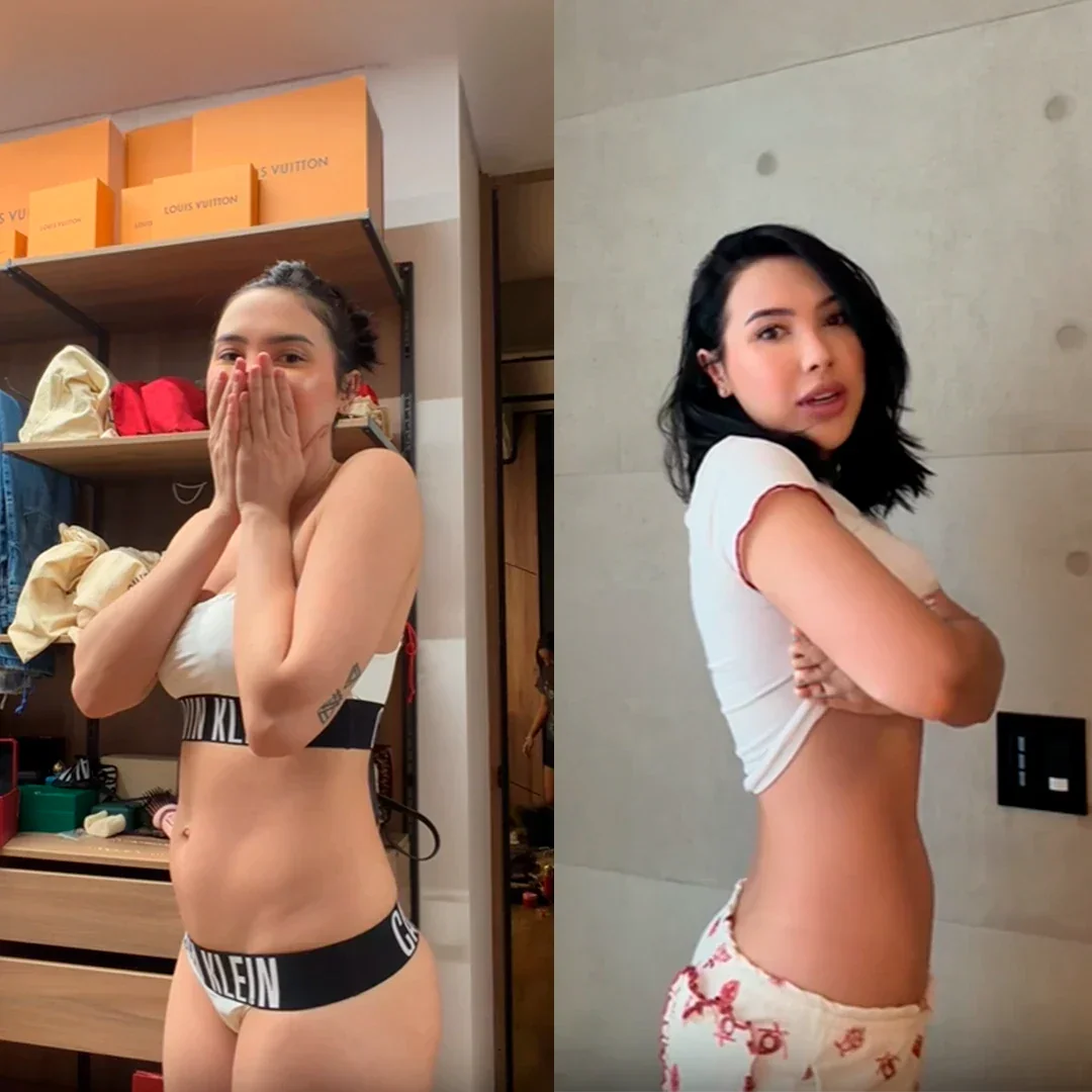 Mujer mostrando figura tonificada con ropa interior Calvin Klein, antes y después, en closet con cajas Louis Vuitton