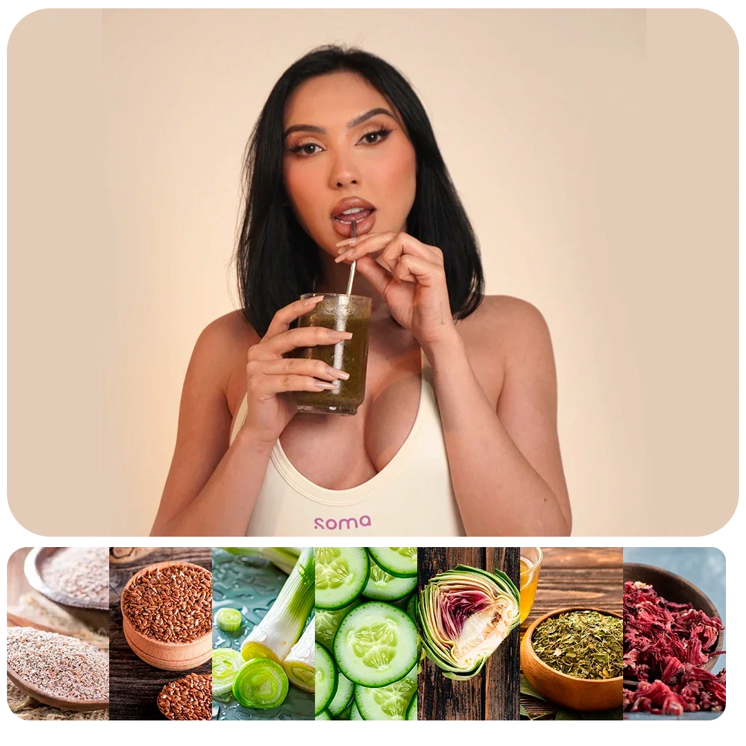 Mujer tomando SOMA Sculpt con pajita, bebida funcional de fibra para saciedad y bienestar digestivo, con ingredientes como linaza, pepino y alcachofa