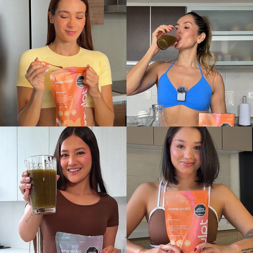 Mujeres disfrutando SOMA Sculpt sabor naranja en rutina diaria, con fibra para bienestar digestivo y saciedad, en cocina moderna